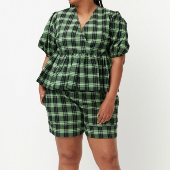 GANNI green & black plaid puff sleeve peplum top size 18 - Picture 1 of 6